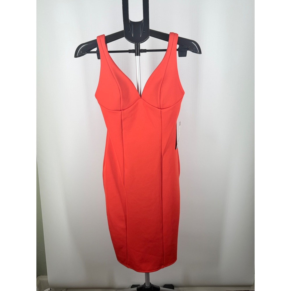 Bebe Red Bodycon Midi Dress V-Neck Open Back Sleeveless Stretch Size S NEW